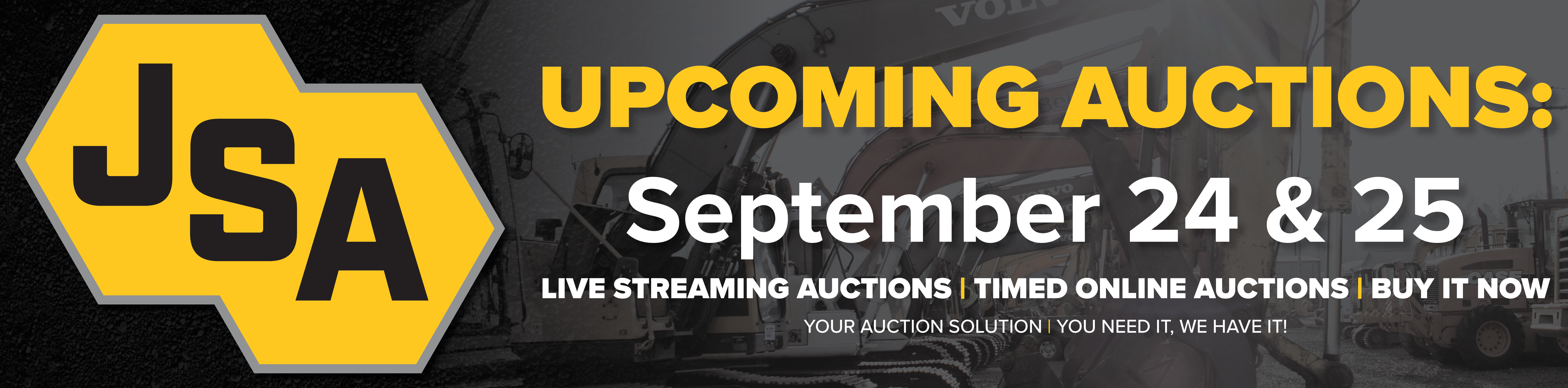 Various heavy equipment including excavators, backhoes, and cranes available for auction at J. Stout Auctions.